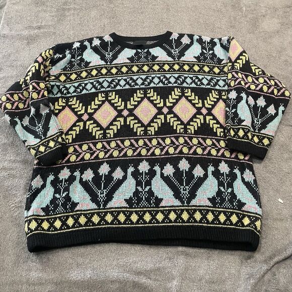 80s 90s Sweater Size L/XL New Wave Fair Isle Blue Bird Fuzzy Crewneck Pastel - Picture 9 of 9